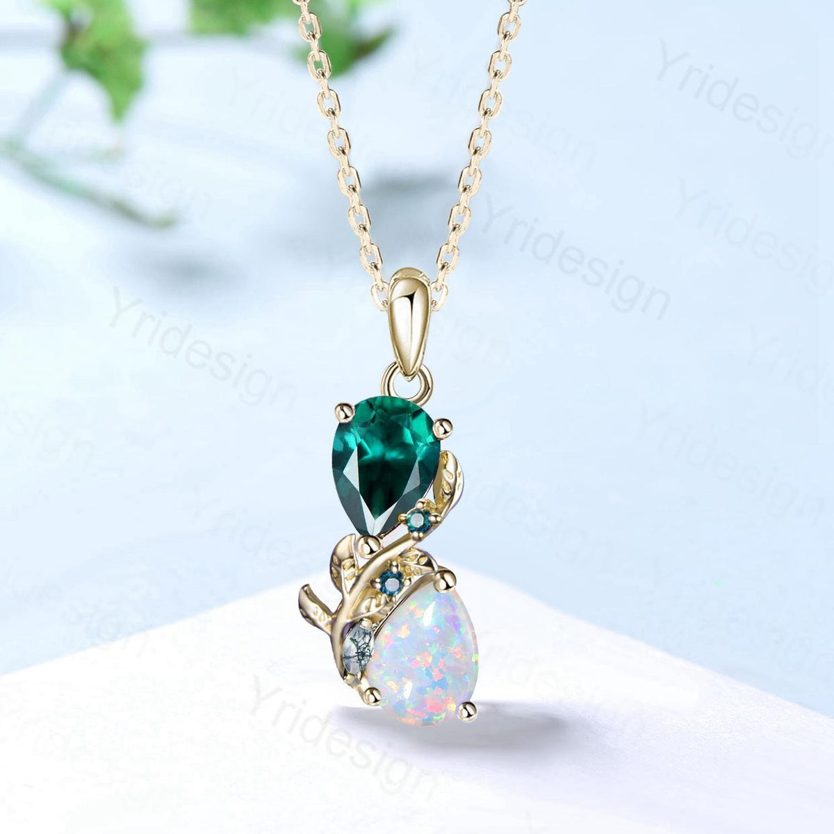 Nature Inspired Opal Emerald Pendant Necklace Women Unique Alternative Moss Agate Necklace Branch Snake pear shaped leaf pendant mom's gift