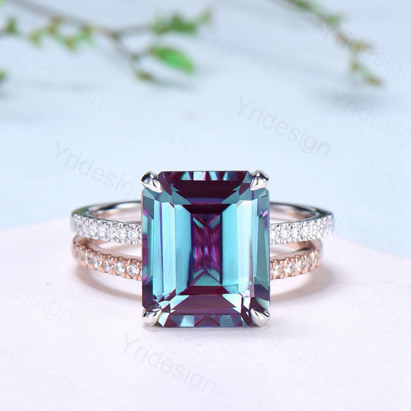Hidden Halo Emerald Cut Alexandrite Engagement Ring Vintage 14K Rose Gold 6CT Alexandrite Diamond Wedding Ring Anniversary Gifts For Women