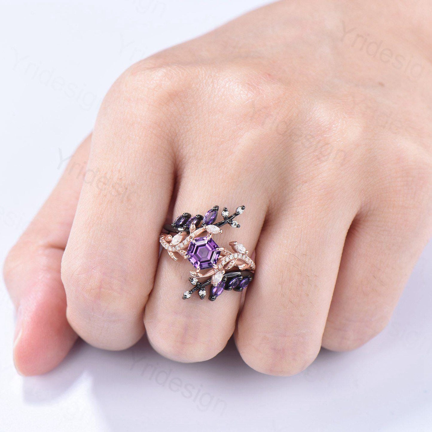Nature Inspired hexagon amethyst engagement ring set black gold unique snake marquise cut purple gemstone ring bridal wedding set for women