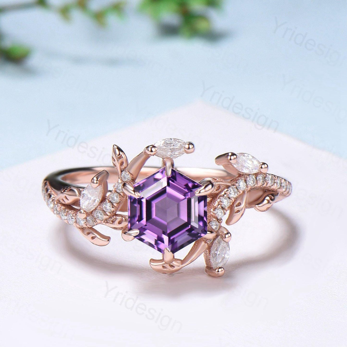 Nature Inspired hexagon amethyst engagement ring set black gold unique snake marquise cut purple gemstone ring bridal wedding set for women