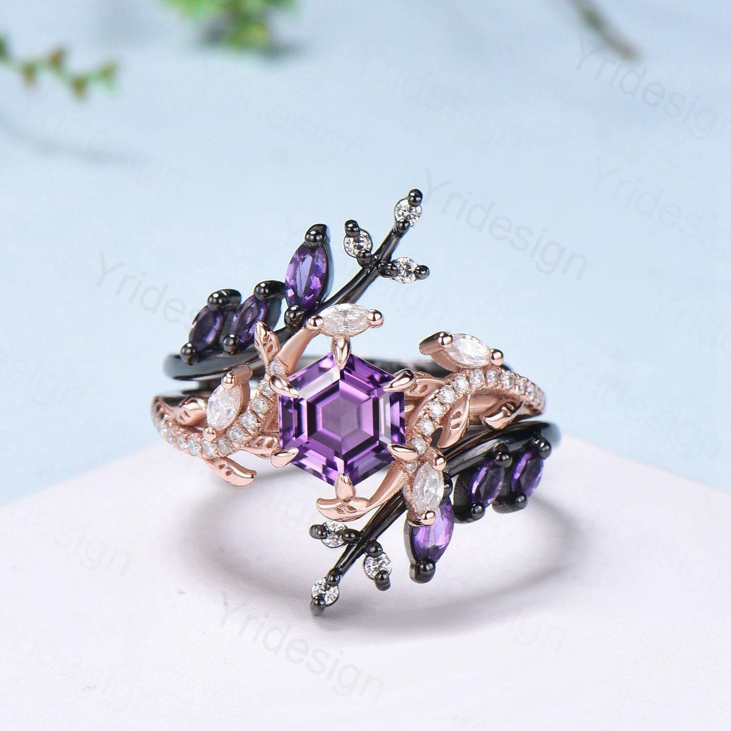 Nature Inspired hexagon amethyst engagement ring set black gold unique snake marquise cut purple gemstone ring bridal wedding set for women