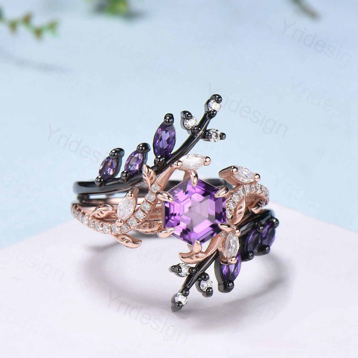 Nature Inspired hexagon amethyst engagement ring set black gold unique snake marquise cut purple gemstone ring bridal wedding set for women
