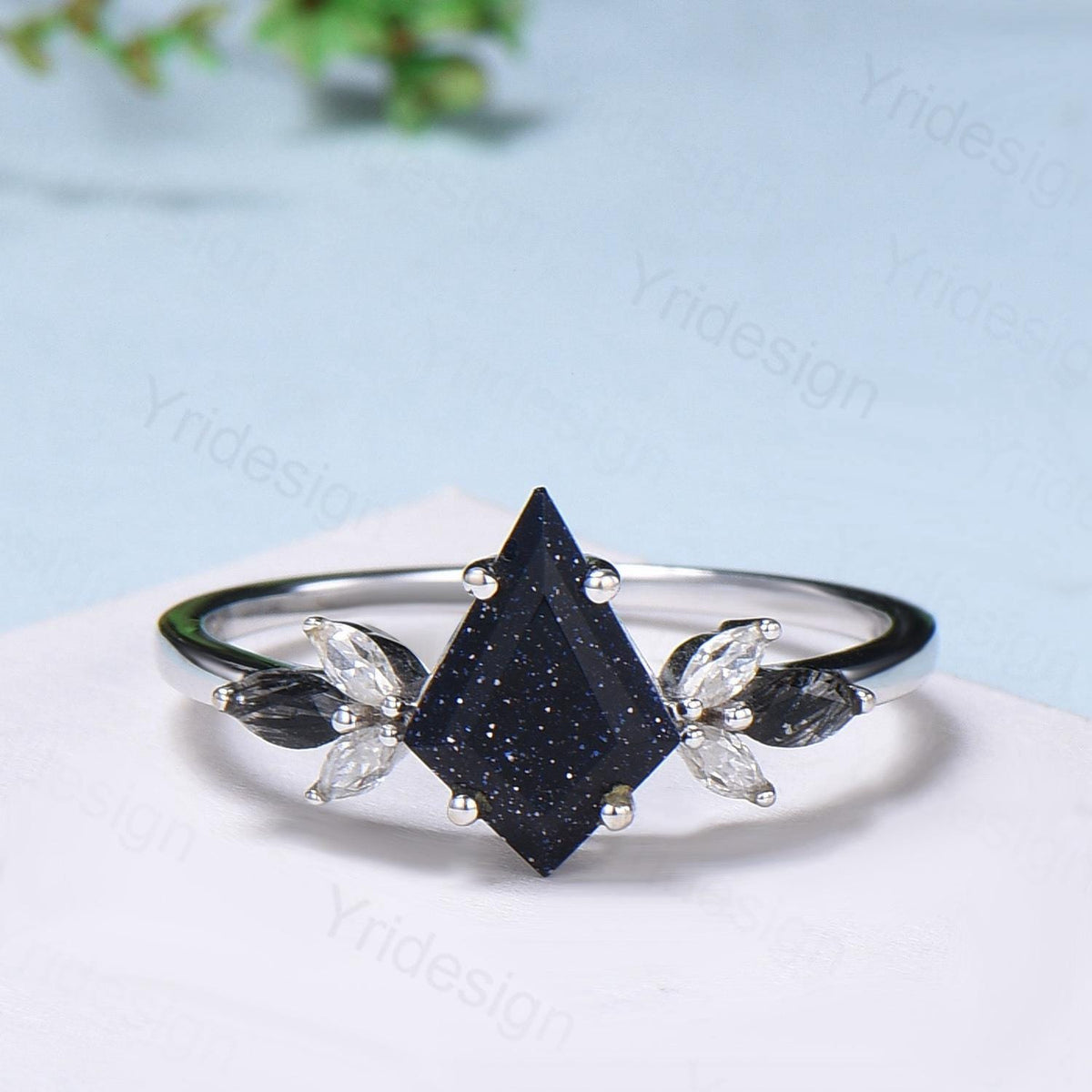Kite Blue Sandstone Ring Set, Marquise Rutilated Quartz, Art Deco Bridal Ring