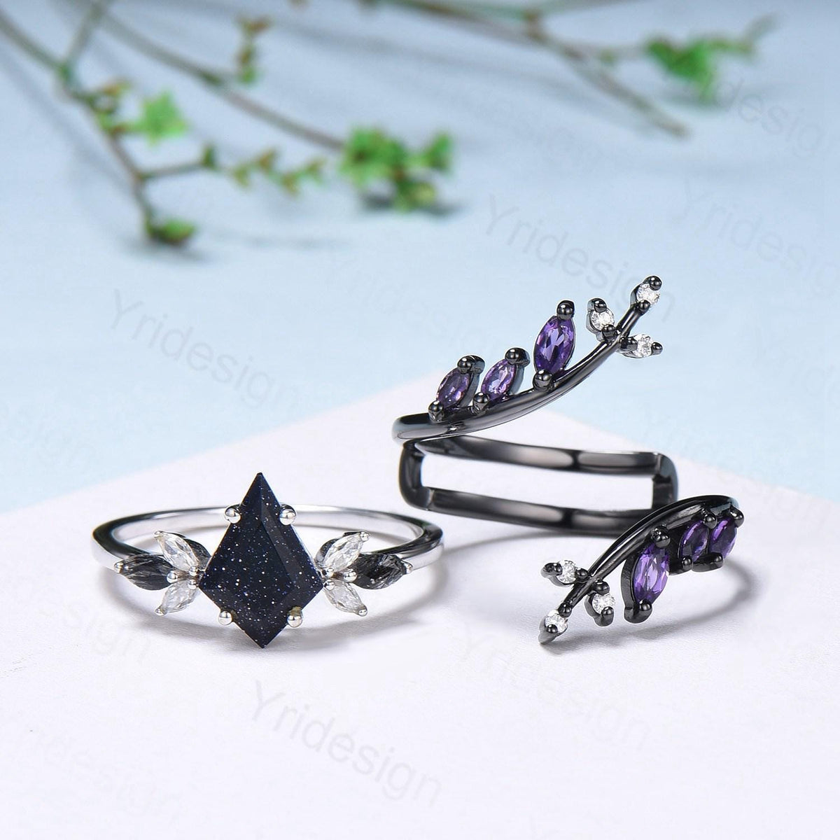 Kite Blue Sandstone Ring Set, Marquise Rutilated Quartz, Art Deco Bridal Ring