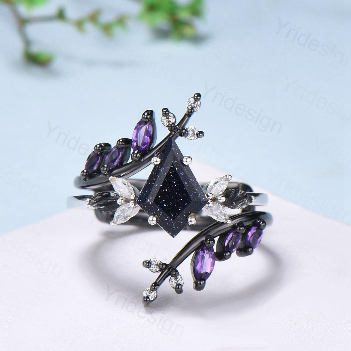 Kite Blue Sandstone Ring Set, Marquise Rutilated Quartz, Art Deco Bridal Ring