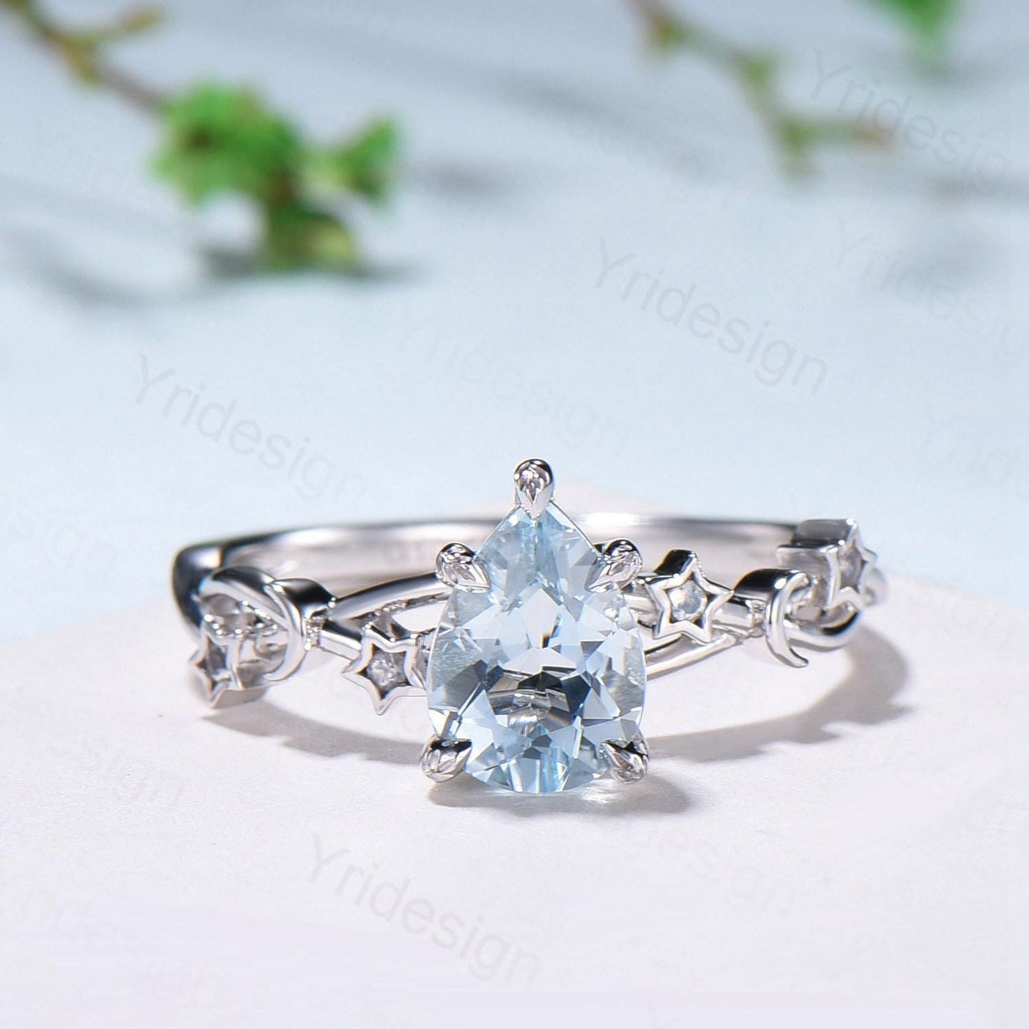 Vintage Natural Aquamarine Engagement Ring Pear Shaped 14K White Gold Moon Star Wedding Ring March Birthstone Moonstone Promise Ring Women