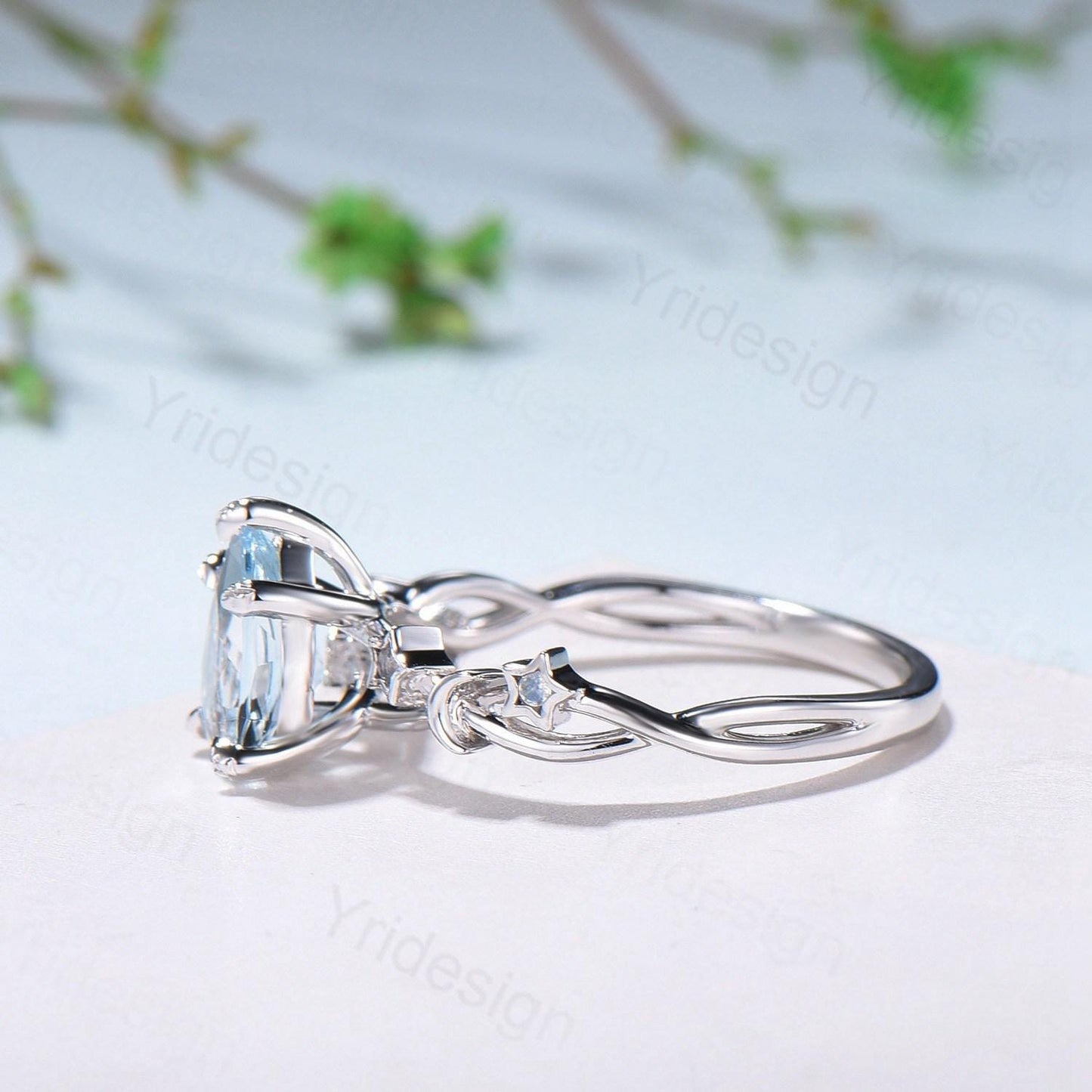 Vintage Natural Aquamarine Engagement Ring Pear Shaped 14K White Gold Moon Star Wedding Ring March Birthstone Moonstone Promise Ring Women