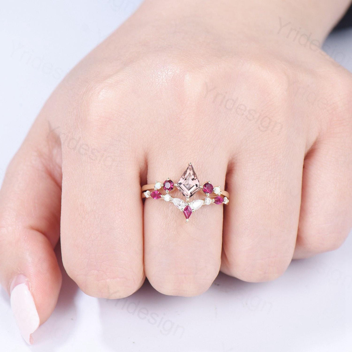 Vintage Kite Cut Morganite Engagement Ring Set Five Stone Ruby Natural Morganite Bridal Wedding ring Set Art Deco Anniversary Promise Gifts