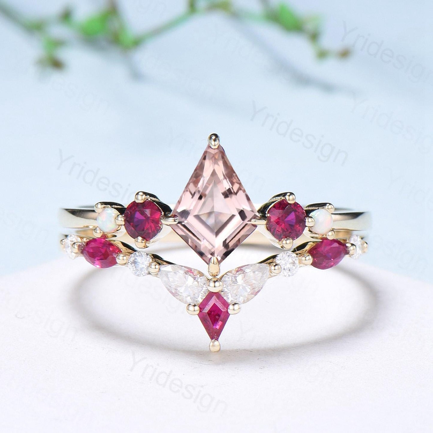 Vintage Kite Cut Morganite Engagement Ring Set Five Stone Ruby Natural Morganite Bridal Wedding ring Set Art Deco Anniversary Promise Gifts