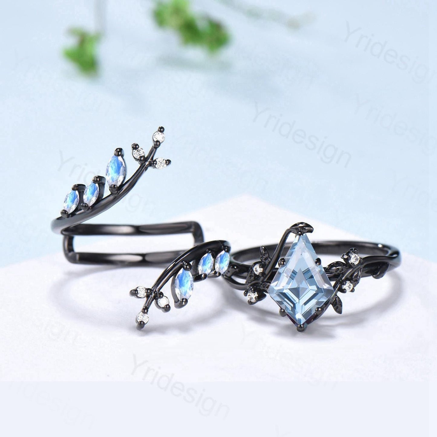 Gothic Aquamarine ring set Unique 7x10mm kite cut aquamarine engagement ring set black gold marquise moonstone nature inspired wedding set