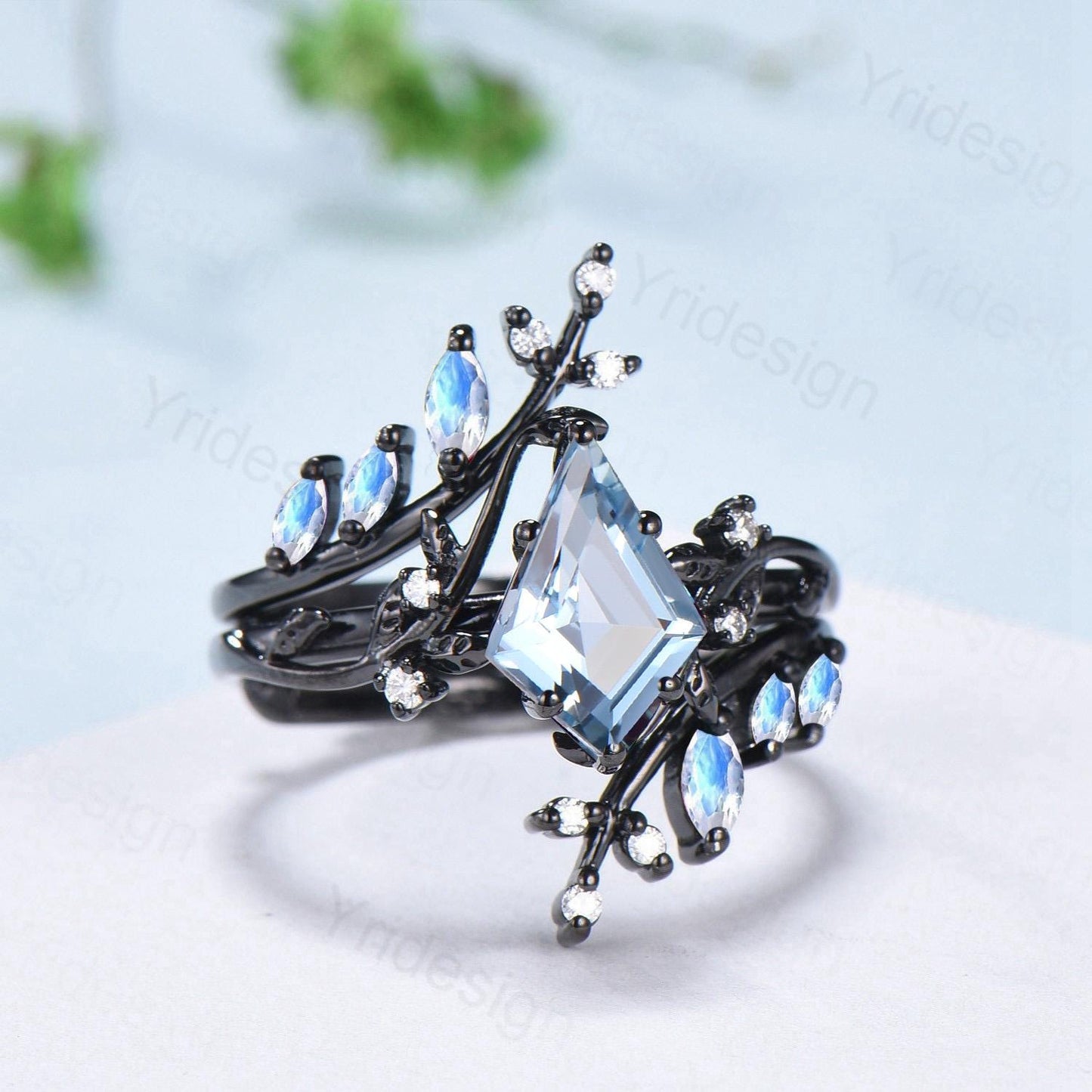 Gothic Aquamarine ring set Unique 7x10mm kite cut aquamarine engagement ring set black gold marquise moonstone nature inspired wedding set
