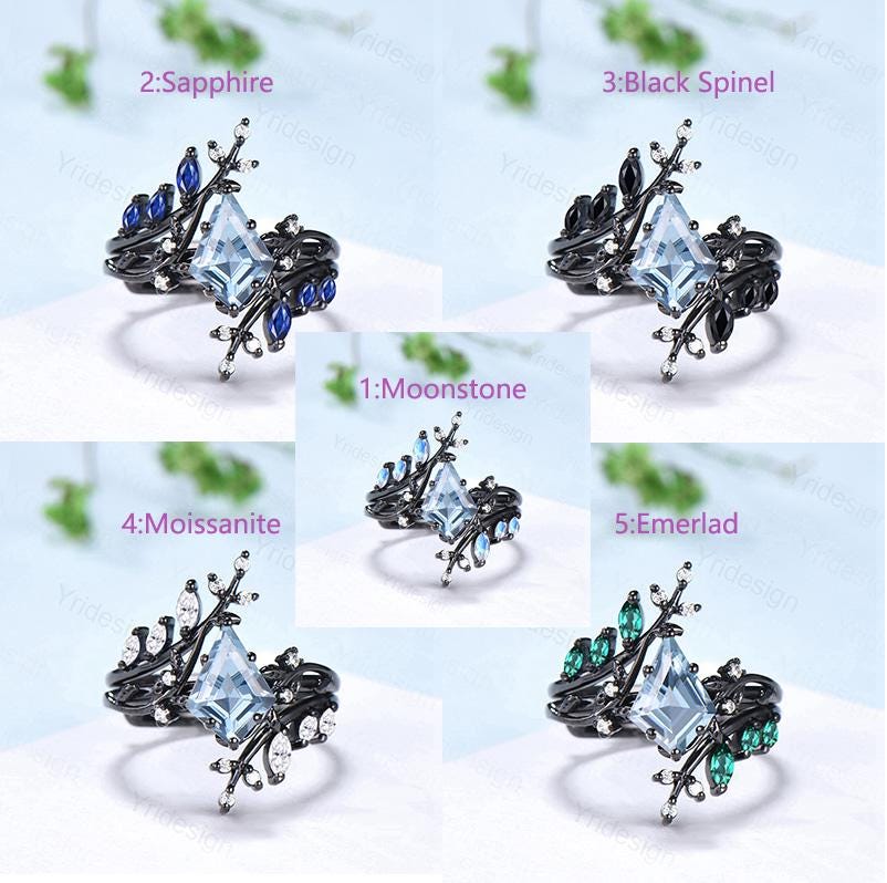Gothic Aquamarine ring set Unique 7x10mm kite cut aquamarine engagement ring set black gold marquise moonstone nature inspired wedding set