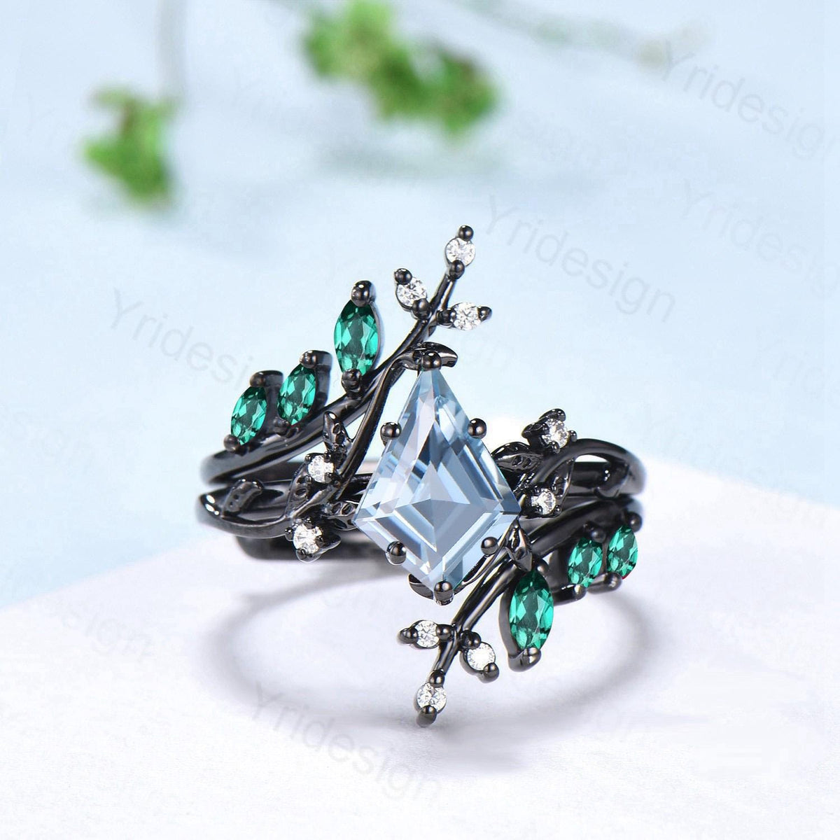 Gothic Aquamarine ring set Unique 7x10mm kite cut aquamarine engagement ring set black gold marquise moonstone nature inspired wedding set
