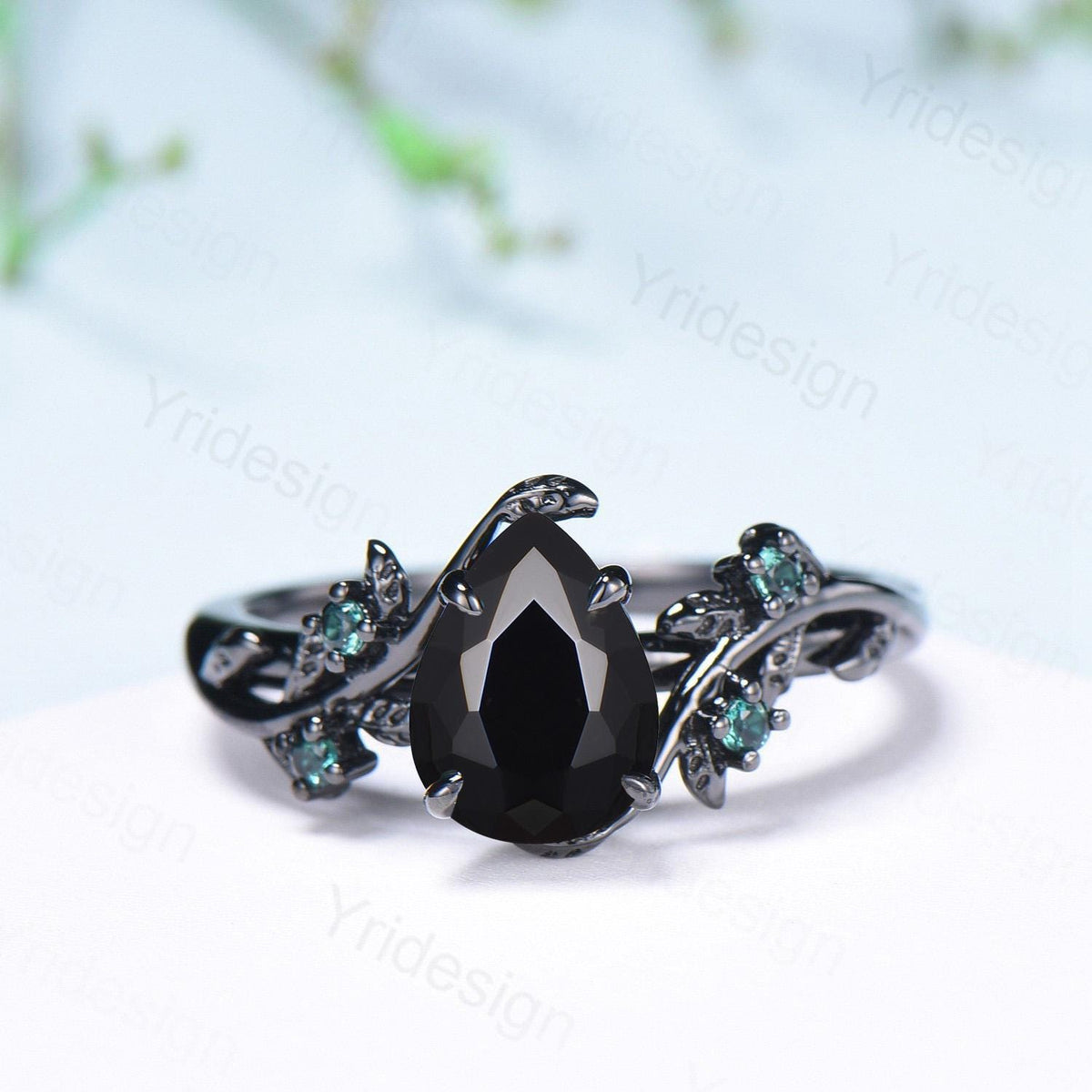 Pear shaped natural black onyx engagement ring set leaf design emerald gothic wedding set twig vine nature inspired emerald 2pcs bridal set