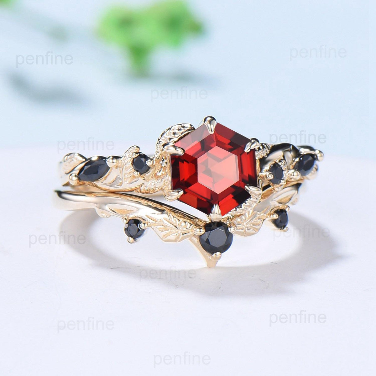 Vintage Hexagon cut garnet engagement ring set Nature Inspired black spinel wedding ring set 14k Yellow Gold Twig Vine bridal set for women