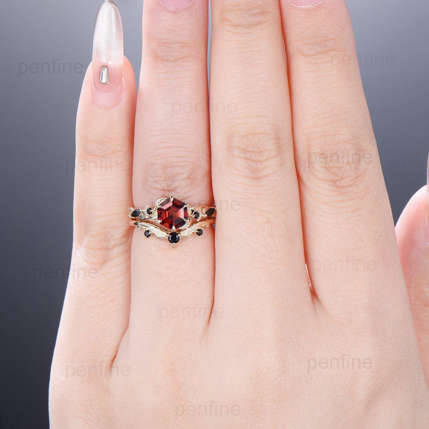 Vintage Hexagon cut garnet engagement ring set Nature Inspired black spinel wedding ring set 14k Yellow Gold Twig Vine bridal set for women