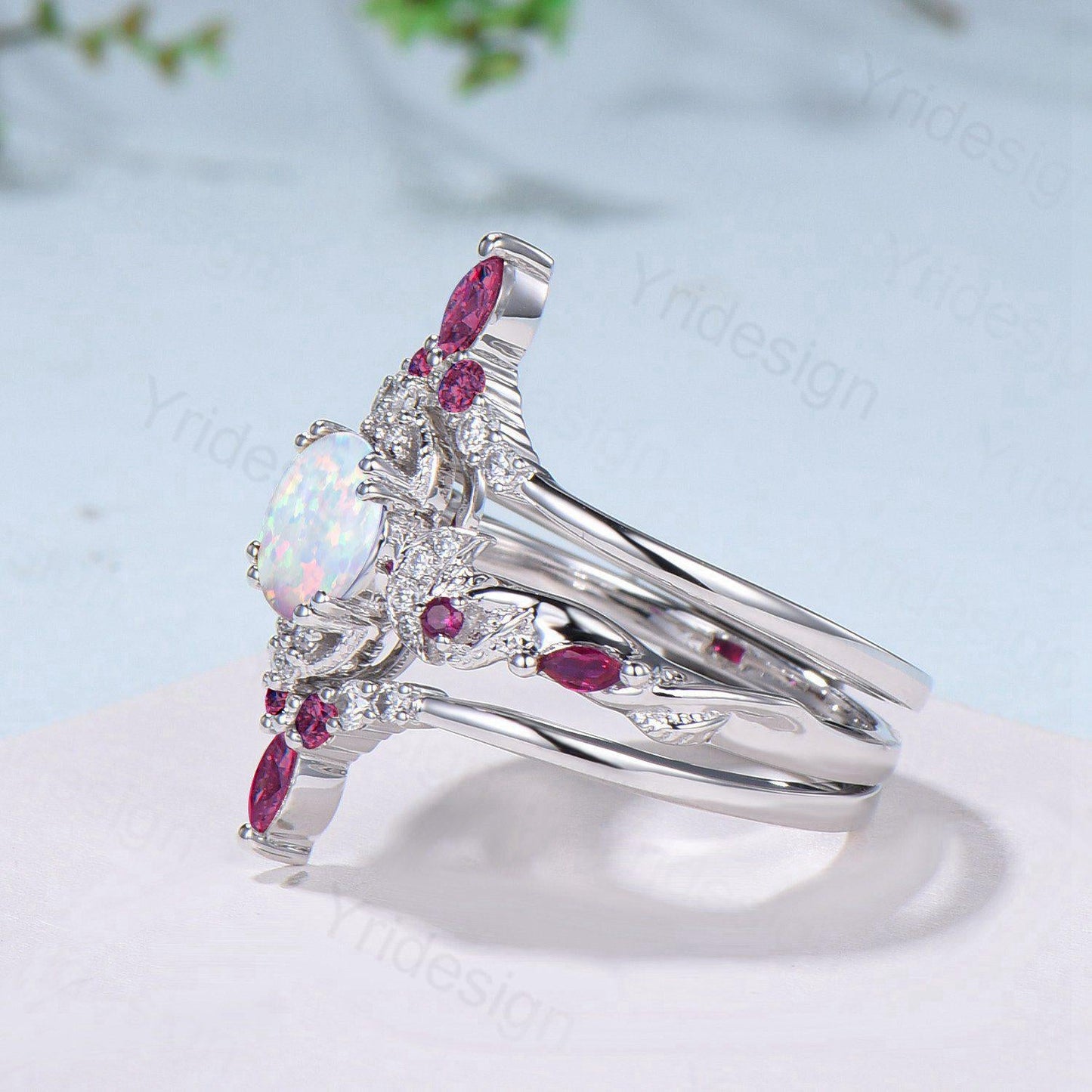 Vintage White Opal Engagement Ring Set Leaf Vine Nature Inspired Fire Opal Ruby Wedding Ring Five Stone Moissanite Bridal Ring Set for Women