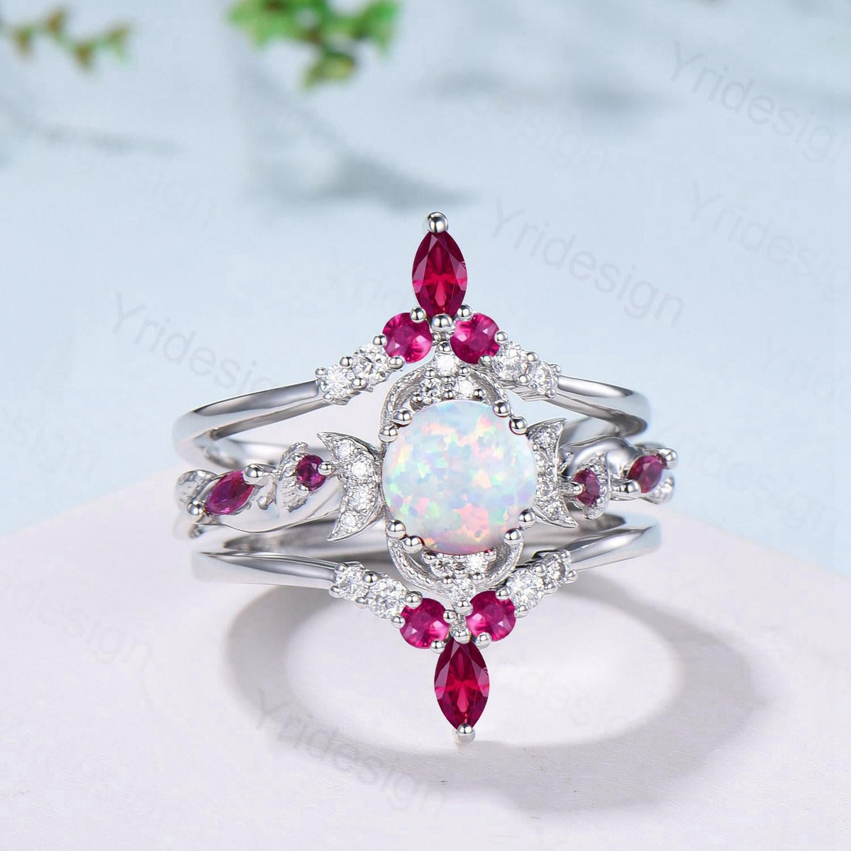 Vintage White Opal Engagement Ring Set Leaf Vine Nature Inspired Fire Opal Ruby Wedding Ring Five Stone Moissanite Bridal Ring Set for Women