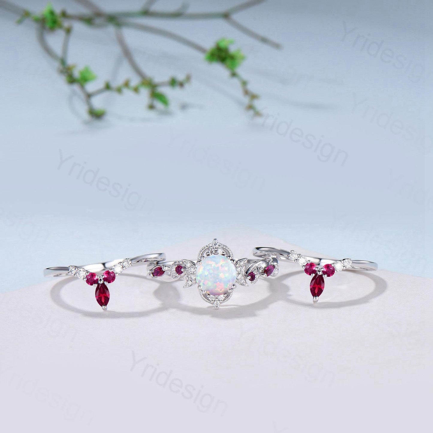 Vintage White Opal Engagement Ring Set Leaf Vine Nature Inspired Fire Opal Ruby Wedding Ring Five Stone Moissanite Bridal Ring Set for Women
