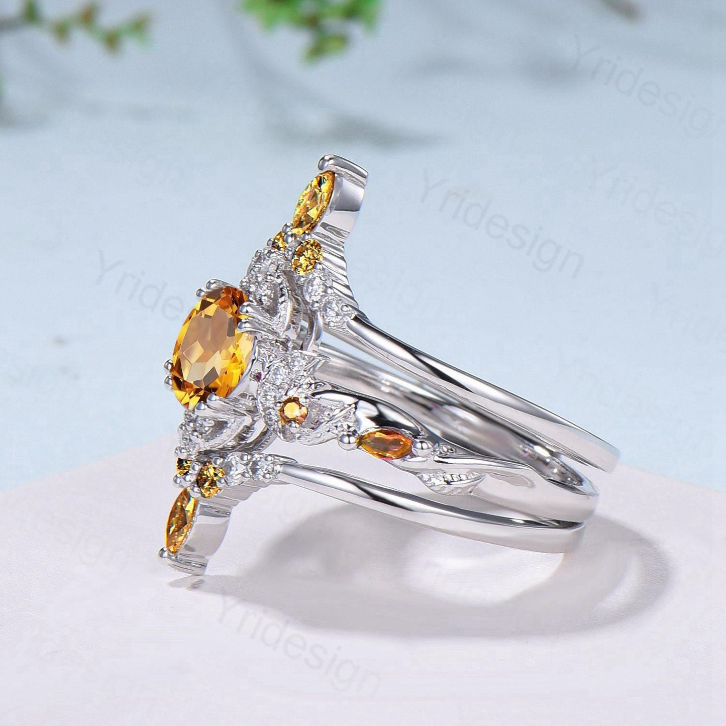 Vintage Round Cut Citrine Engagement Ring Set Nature Inspired November Birthstone Wedding Ring Set Art Deco Moissanite Bridal Set for Women