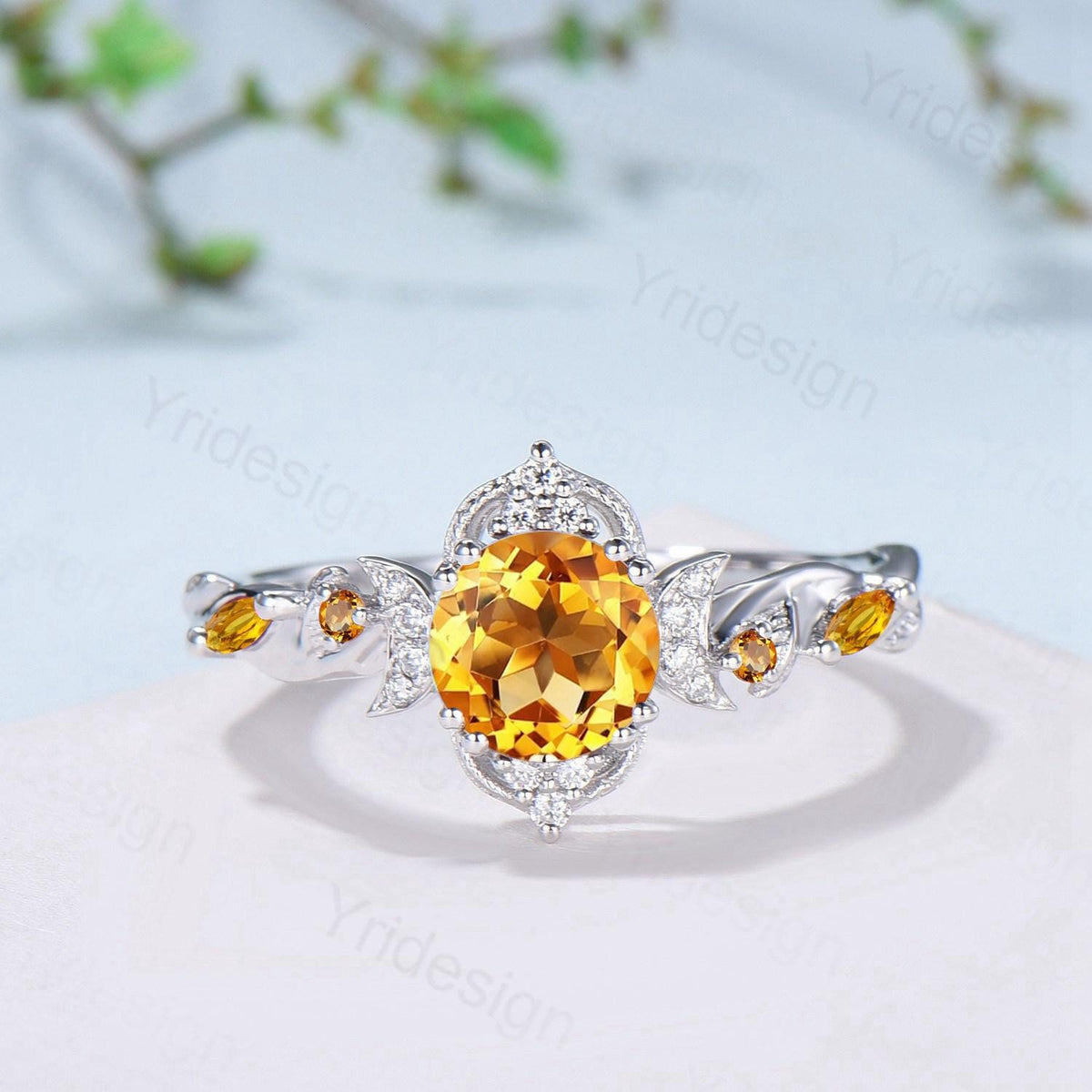 Vintage Round Cut Citrine Engagement Ring Set Nature Inspired November Birthstone Wedding Ring Set Art Deco Moissanite Bridal Set for Women