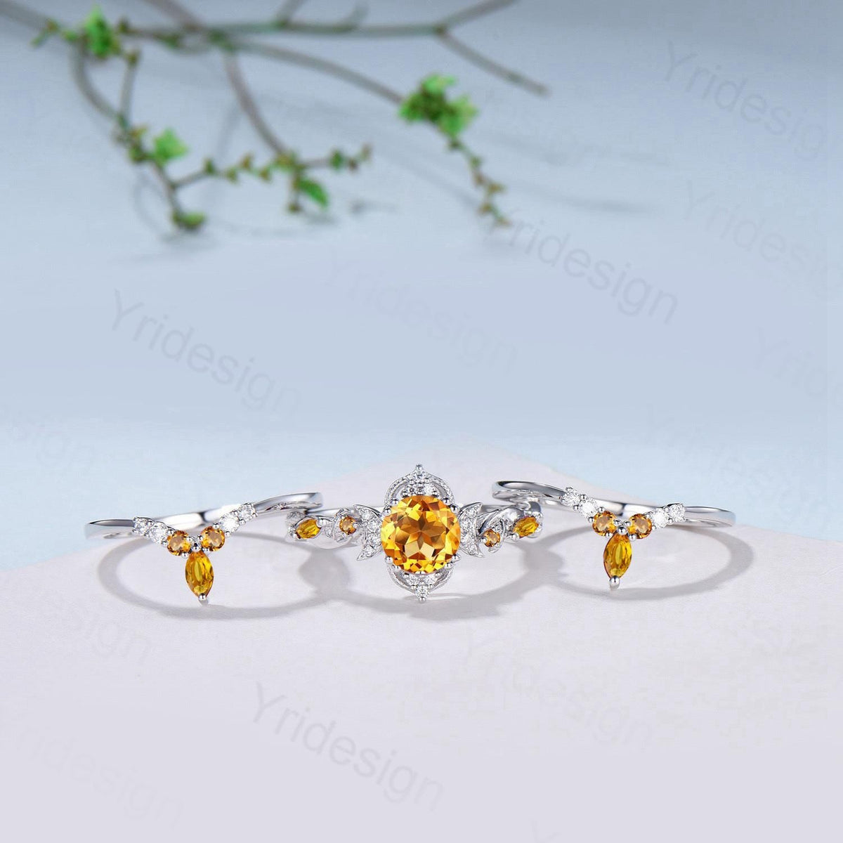 Vintage Round Cut Citrine Engagement Ring Set Nature Inspired November Birthstone Wedding Ring Set Art Deco Moissanite Bridal Set for Women