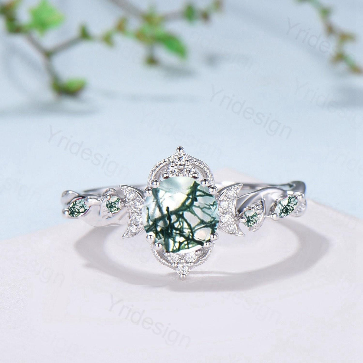 Vintage Natural Moss Agate Engagement Ring Set Nature Inspired Leaf Vine Round Cut Green Agate Wedding Ring Art Deco 3Pcs Bridal Ring Set