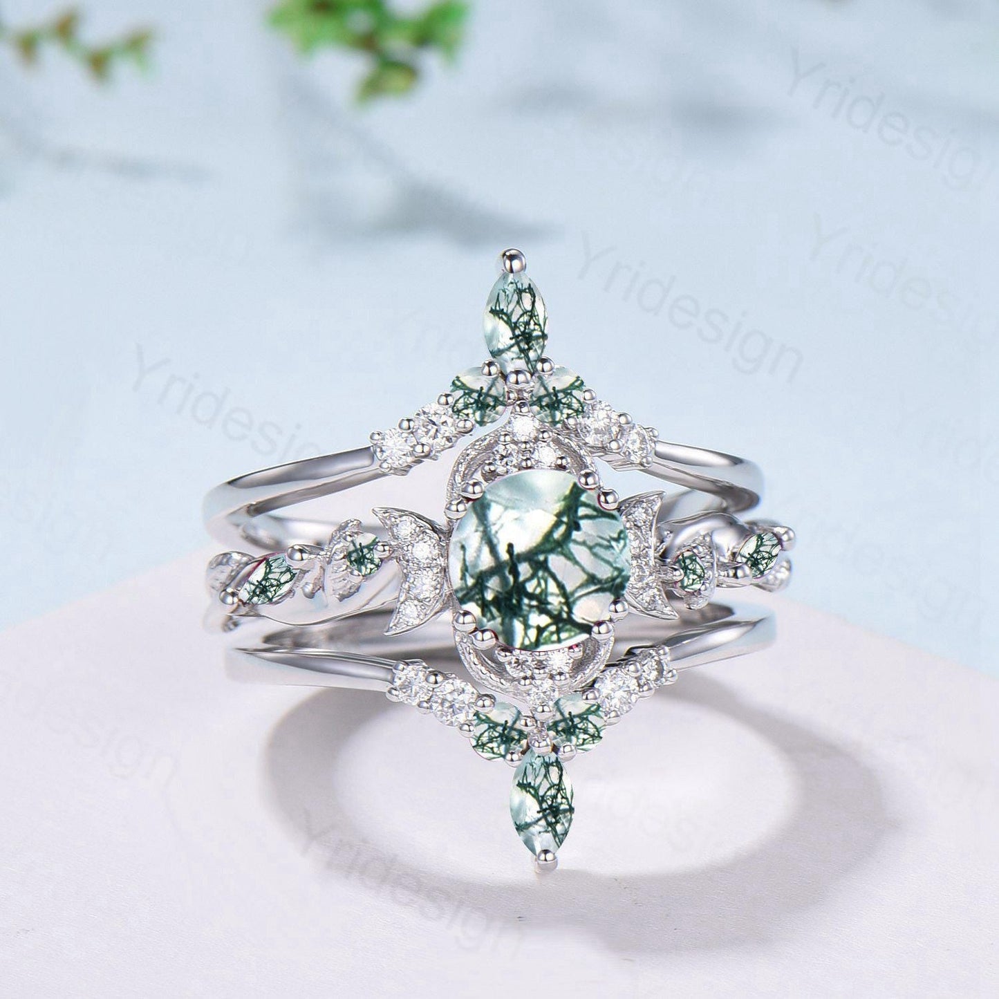 Vintage Natural Moss Agate Engagement Ring Set Nature Inspired Leaf Vine Round Cut Green Agate Wedding Ring Art Deco 3Pcs Bridal Ring Set