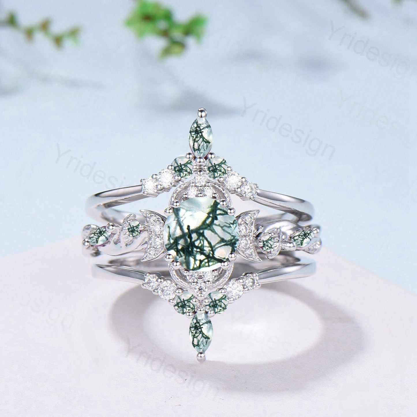 Vintage Natural Moss Agate Engagement Ring Set Nature Inspired Leaf Vine Round Cut Green Agate Wedding Ring Art Deco 3Pcs Bridal Ring Set