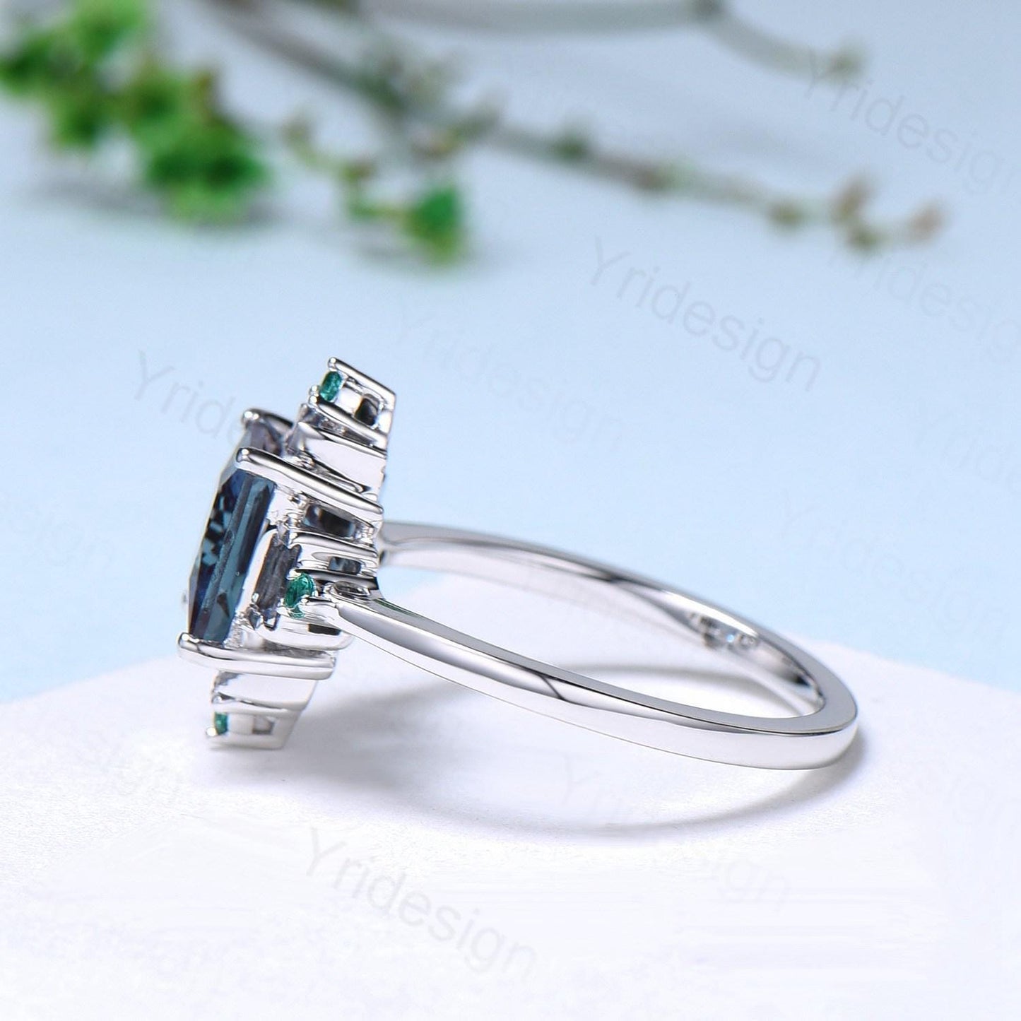 Unique 2 carat princess cut lavender amethyst ring halo baguette alexandrite purple engagement ring 14k white gold art deco anniversary gift