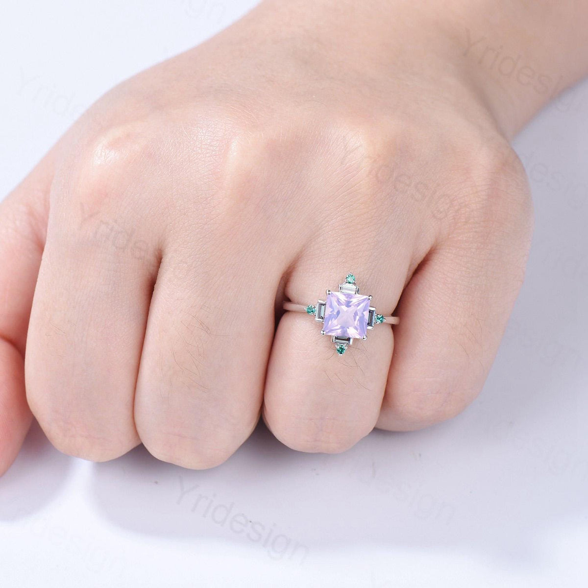 Unique 2 carat princess cut lavender amethyst ring halo baguette alexandrite purple engagement ring 14k white gold art deco anniversary gift