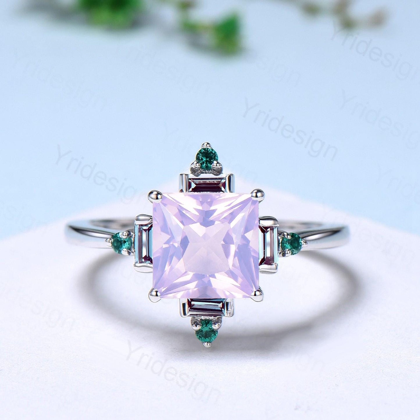 Unique 2 carat princess cut lavender amethyst ring halo baguette alexandrite purple engagement ring 14k white gold art deco anniversary gift
