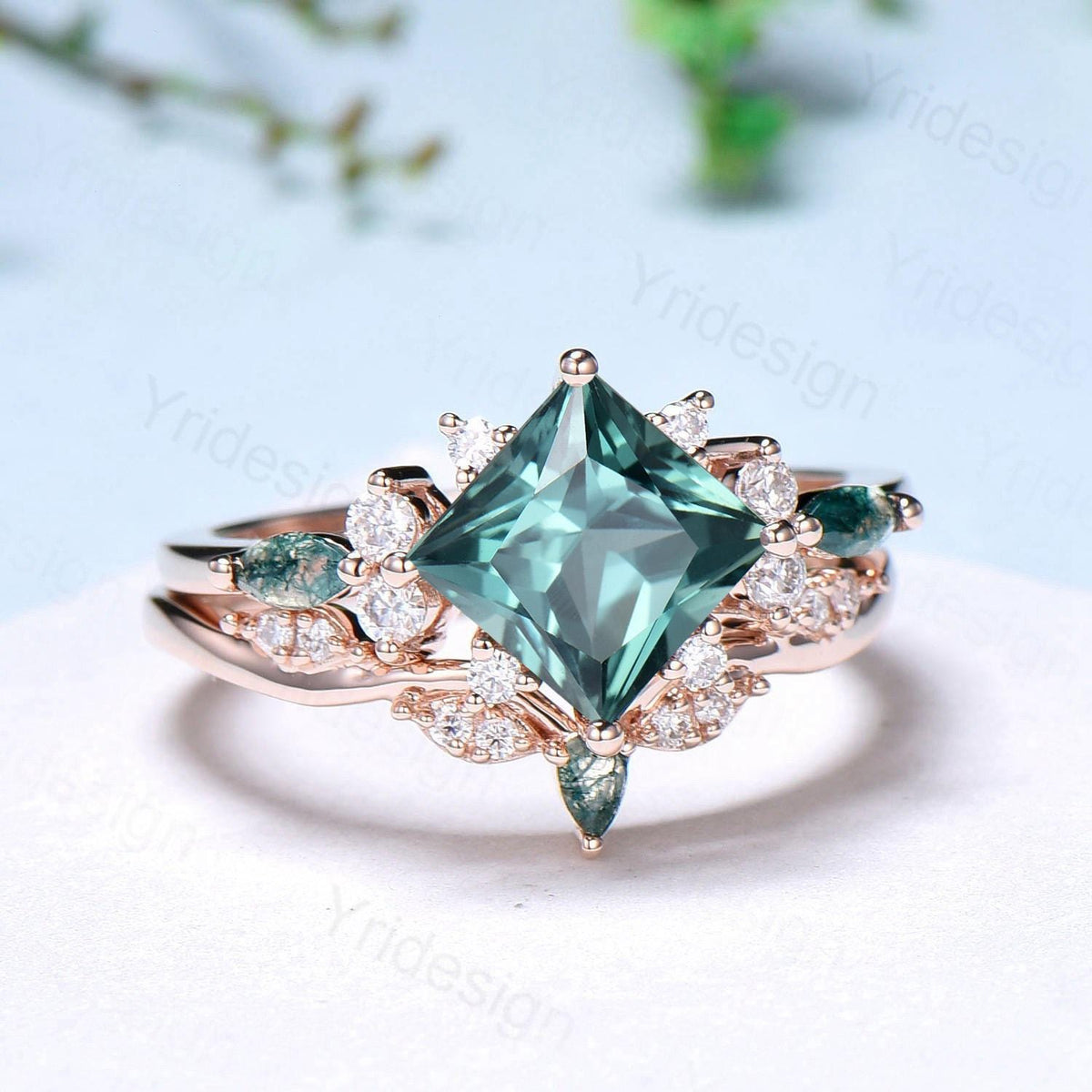 Vintage 2CT Princess Cut Green Sapphire Engagement Ring Set Cluster Marquise Moss Agate Wedding Ring Set 2pcs 14K Rose Gold Bridal Ring Set