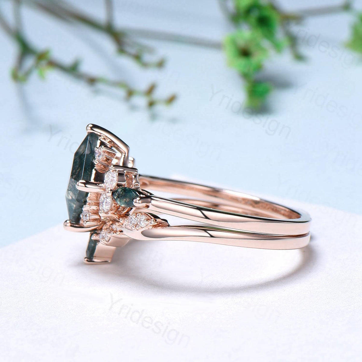 Vintage 2CT Princess Cut Green Sapphire Engagement Ring Set Cluster Marquise Moss Agate Wedding Ring Set 2pcs 14K Rose Gold Bridal Ring Set