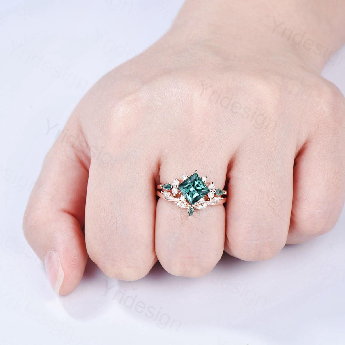 Vintage 2CT Princess Cut Green Sapphire Engagement Ring Set Cluster Marquise Moss Agate Wedding Ring Set 2pcs 14K Rose Gold Bridal Ring Set