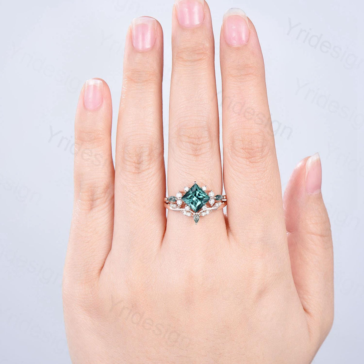 Vintage 2CT Princess Cut Green Sapphire Engagement Ring Set Cluster Marquise Moss Agate Wedding Ring Set 2pcs 14K Rose Gold Bridal Ring Set