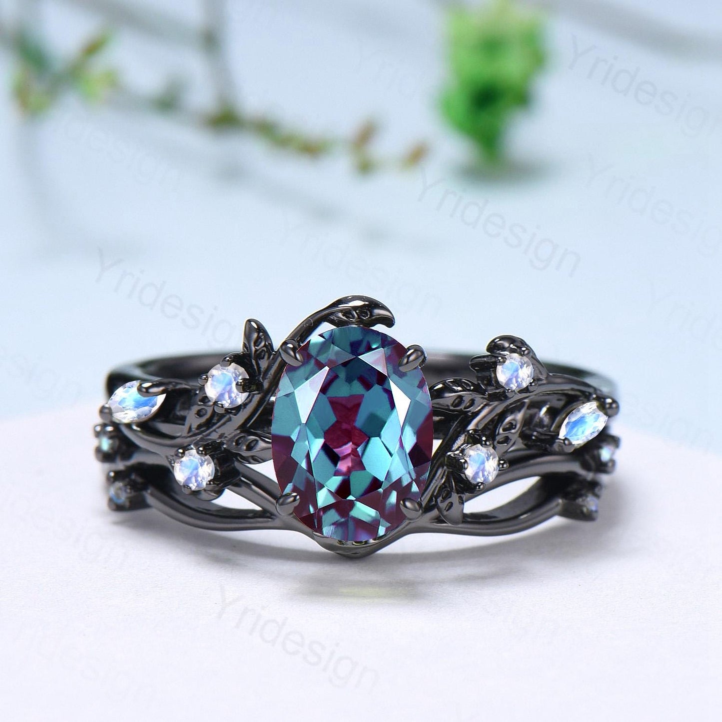 Unique Black Gold Oval Alexandrite Moonstone Engagement Ring Set Nature Inspired Twig Opal Wedding Band  branch June birthstone bridal set