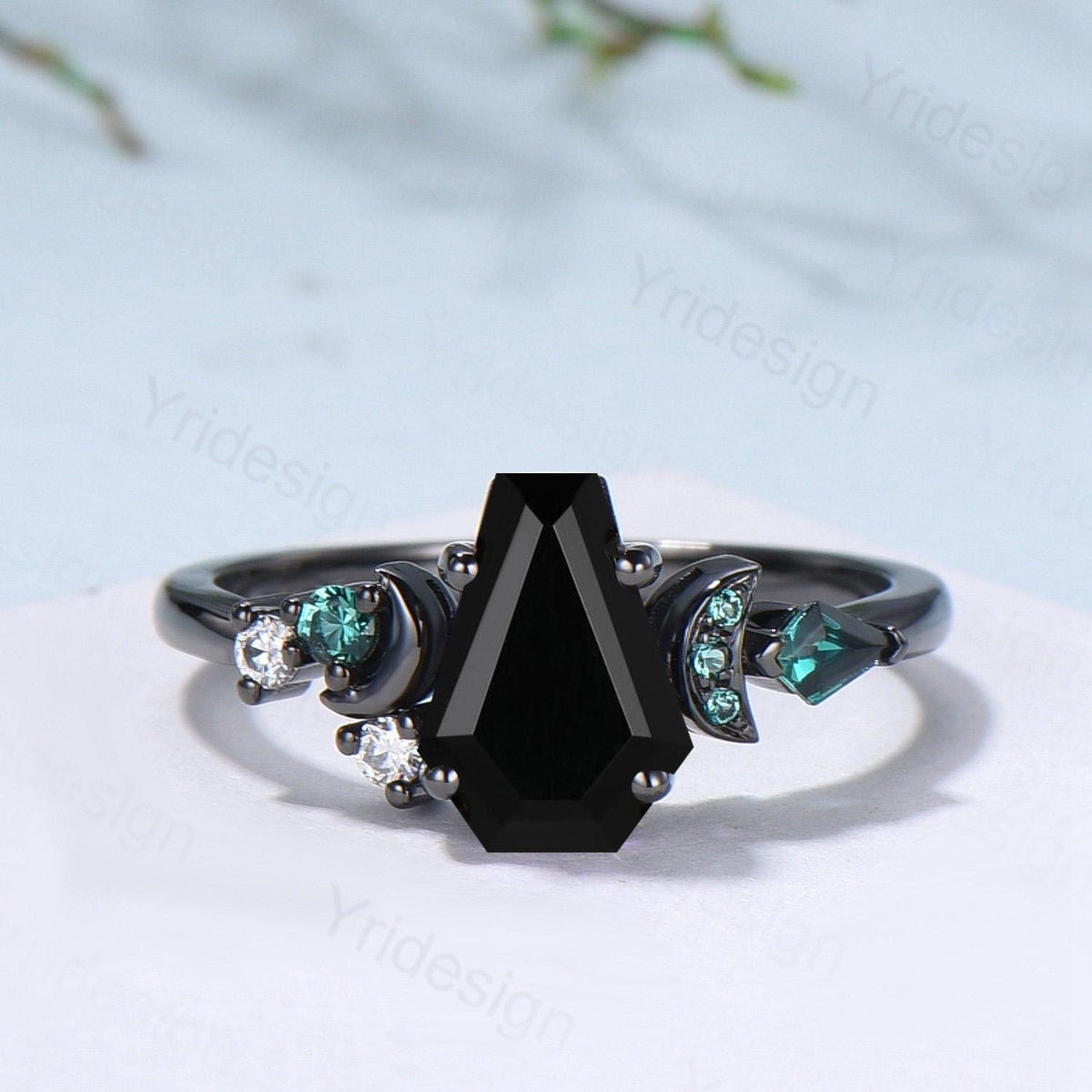 Coffin cut black onyx ring Black gold gothic engagement ring moon design cluster emerald wedding ring vintage anniversary promise ring women