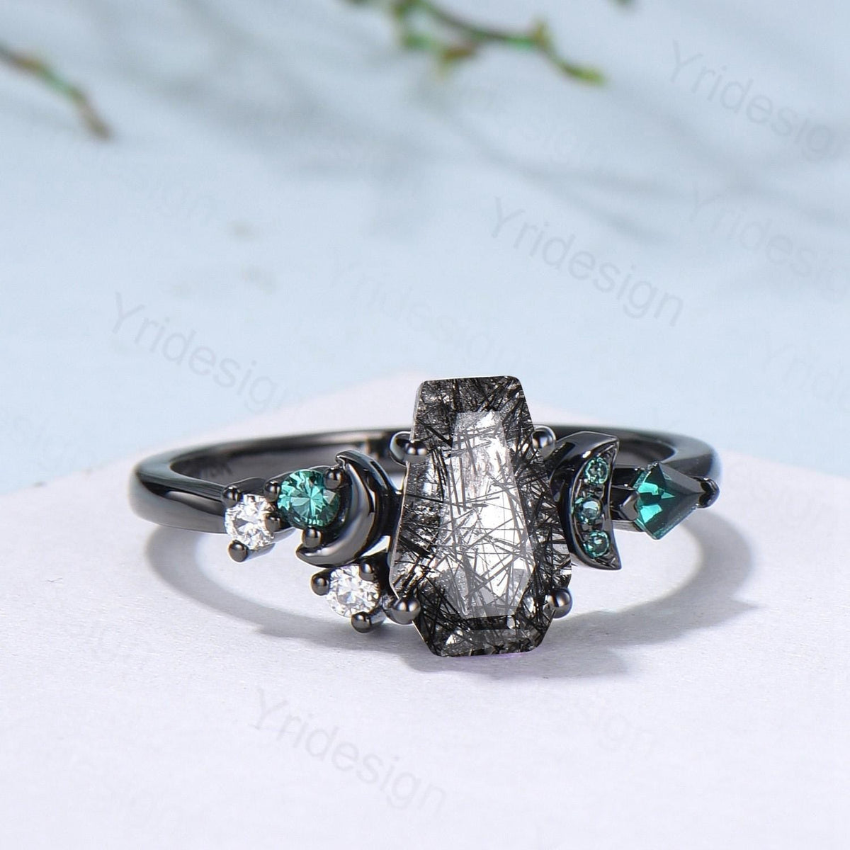Coffin cut black rutilated quartz ring Black gold gothic engagement ring moon cluster emerald wedding ring anniversary promise ring for girl