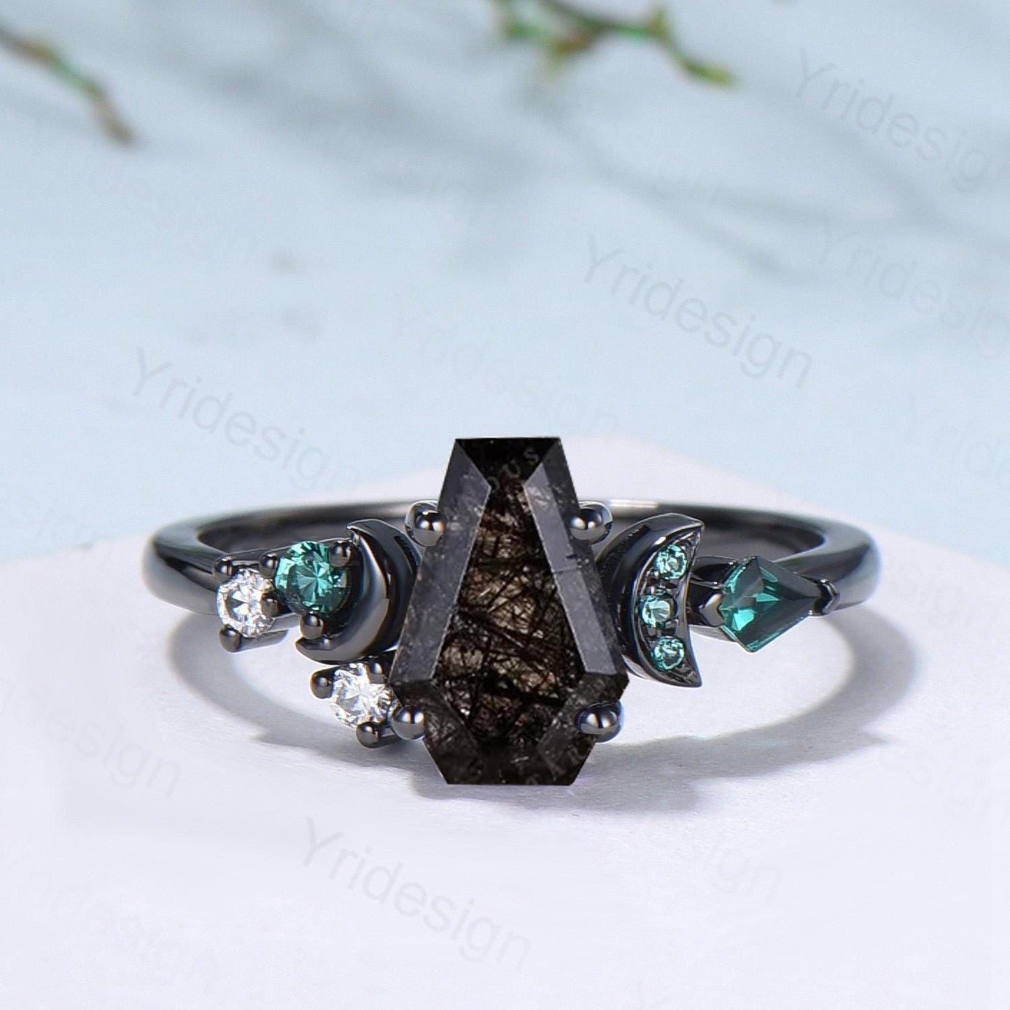 Coffin cut black rutilated quartz ring Black gold gothic engagement ring moon cluster emerald wedding ring anniversary promise ring for girl