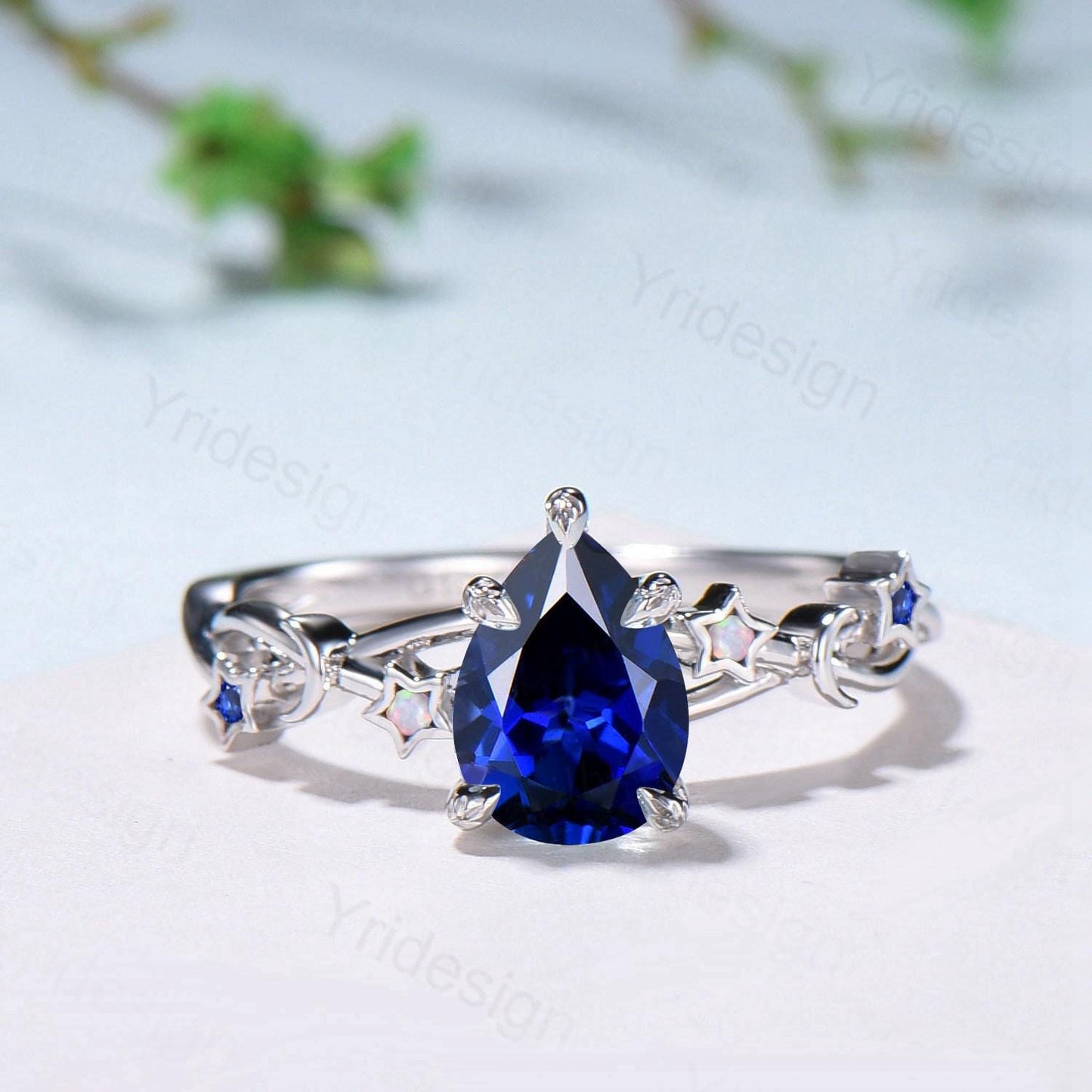 Vintage Blue Sapphire Engagement Ring Pear Shaped 14K White Gold Moon Star Opal Wedding Ring Sep Birthstone September Promise Ring For Women