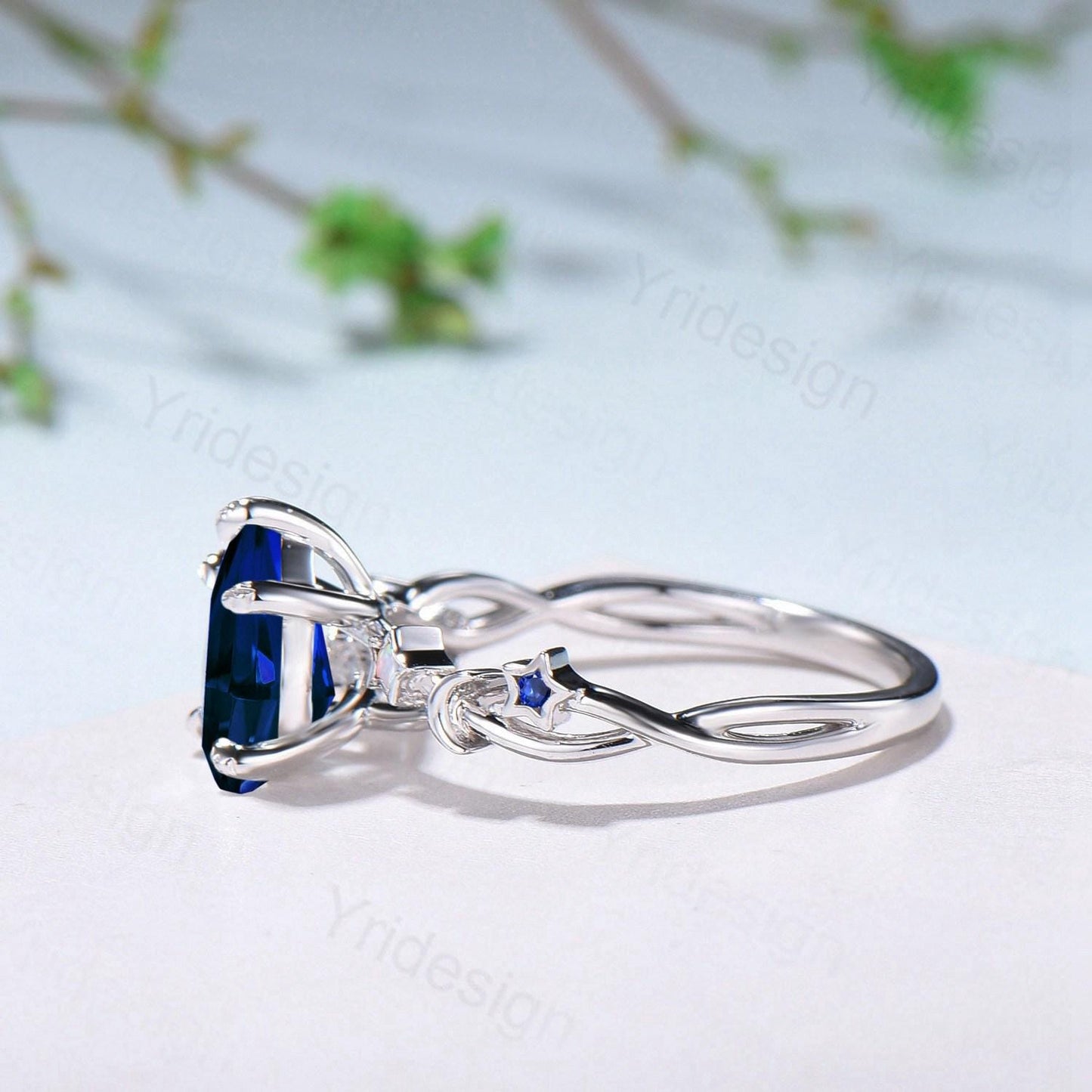 Vintage Blue Sapphire Engagement Ring Pear Shaped 14K White Gold Moon Star Opal Wedding Ring Sep Birthstone September Promise Ring For Women