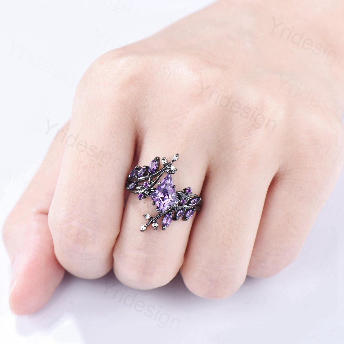 Unique Cage Leafy Amethyst Wedding Ring Set Nature Inspired Kite Cut Amethyst Engagement Ring Black Gold Knight Purple Gemstone Bridal Set