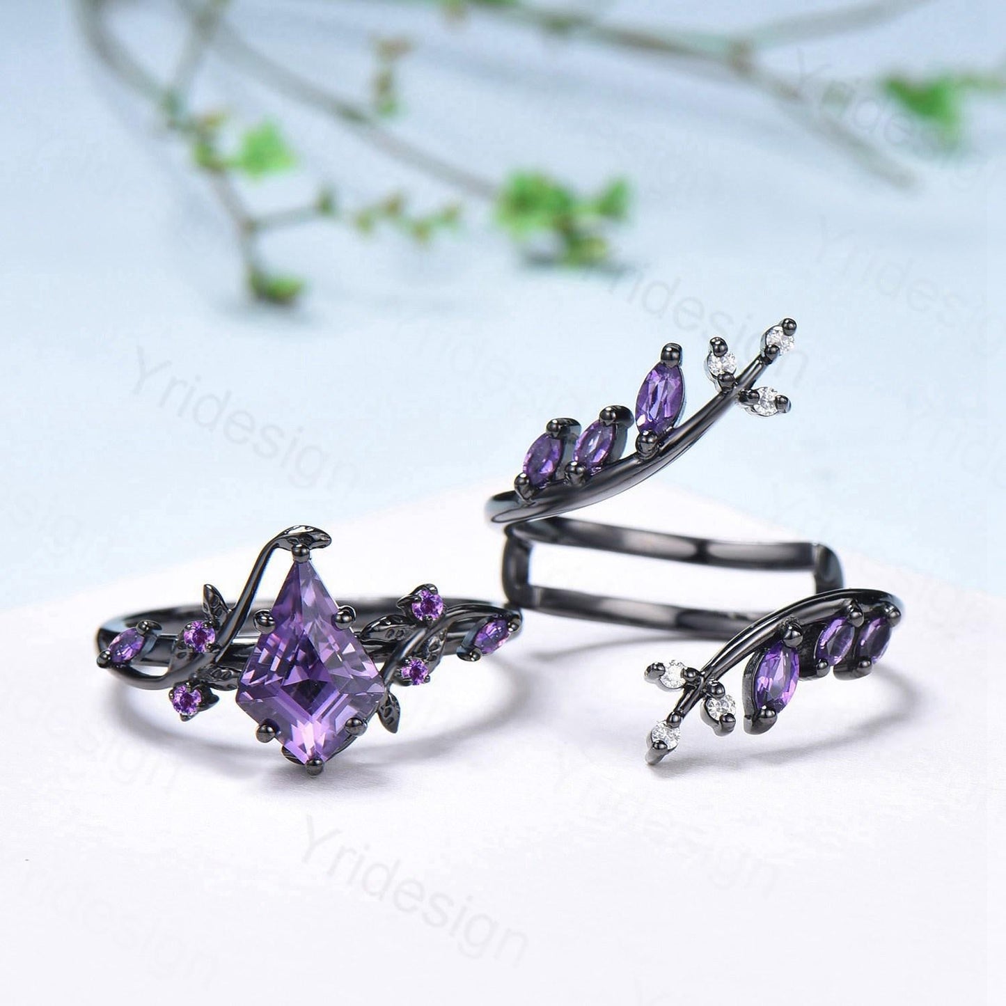 Unique Cage Leafy Amethyst Wedding Ring Set Nature Inspired Kite Cut Amethyst Engagement Ring Black Gold Knight Purple Gemstone Bridal Set