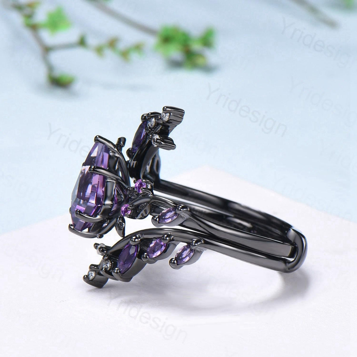 Unique Cage Leafy Amethyst Wedding Ring Set Nature Inspired Kite Cut Amethyst Engagement Ring Black Gold Knight Purple Gemstone Bridal Set