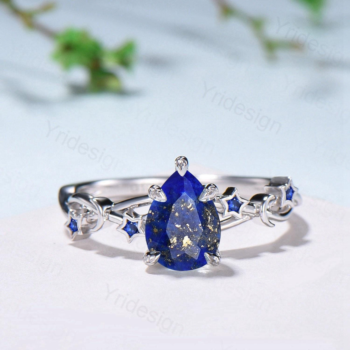 Vintage Pear Shaped Lapis Lazuli Engagement Ring Moon Star Cluster Sapphire Wedding Ring Silver White Gold Blue Gemstone Leaves Prong Ring
