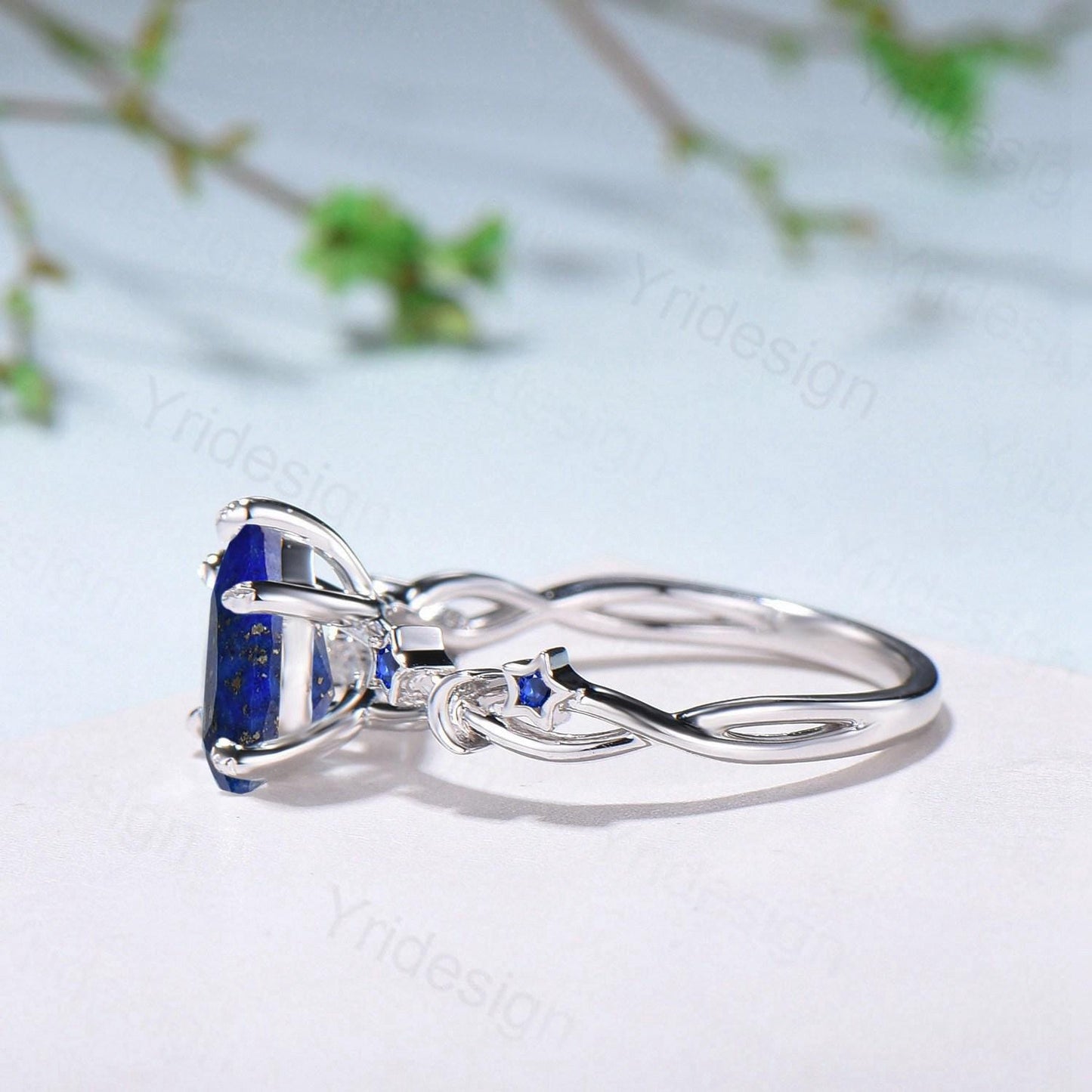 Vintage Pear Shaped Lapis Lazuli Engagement Ring Moon Star Cluster Sapphire Wedding Ring Silver White Gold Blue Gemstone Leaves Prong Ring