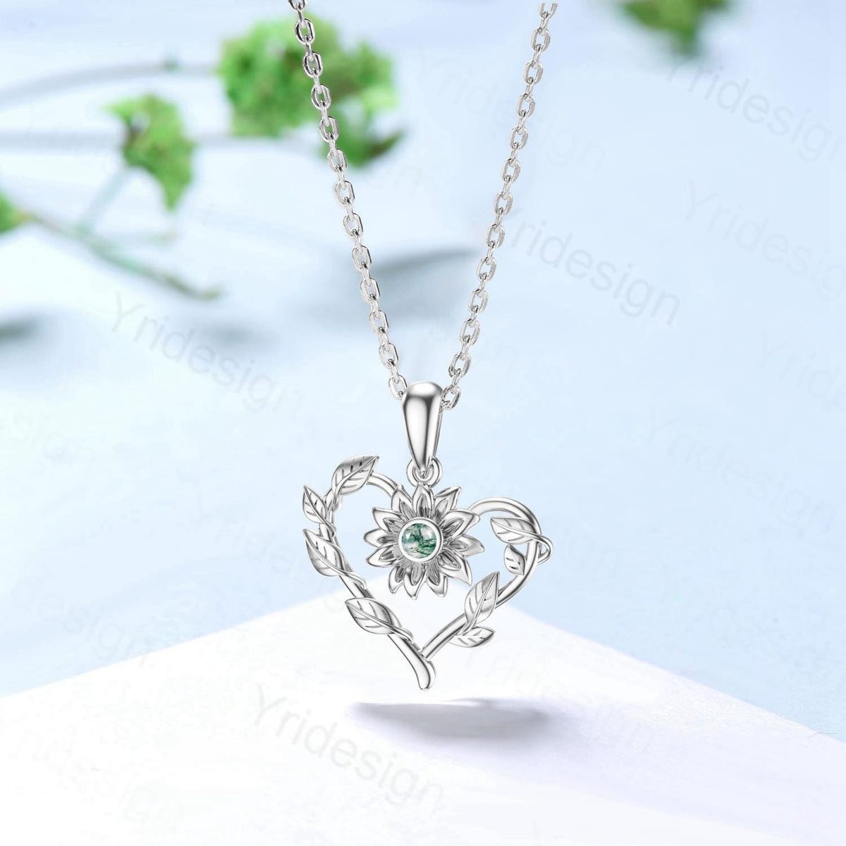 Unique Nature Inspired Moss Agate Necklace Elegant Sunflower Green Agate Necklace Pendant Leaf Vine Anniversary Gift Art Deco Silver Pendant