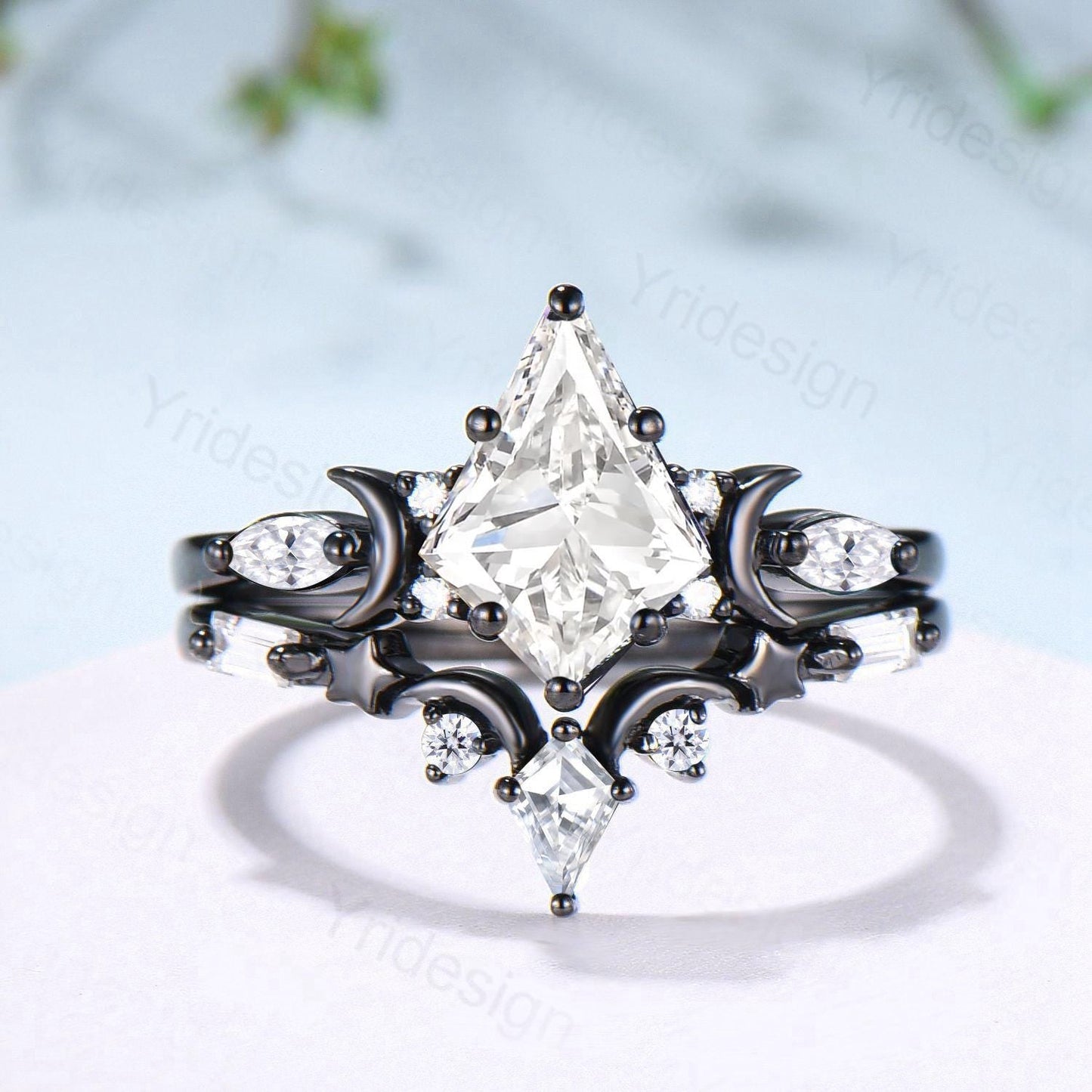 Gothic Kite Cut Lab Grown Diamond Engagement Ring Set Black Gold Celestial Moon Star Bridal Set