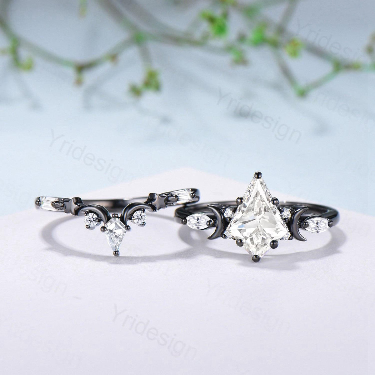 Gothic Kite Cut Lab Grown Diamond Engagement Ring Set Black Gold Celestial Moon Star Bridal Set
